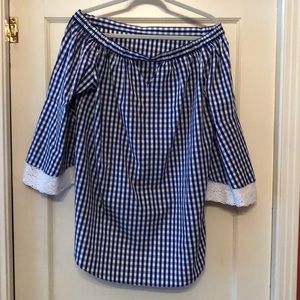 Neiman Marcus Blue Gingham off shoulder blouse